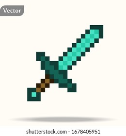 El icono de la espada consta de muchos píxeles, tarjeta de color, arma de píxeles aislada en fondo blanco, ilustración vectorial, gran mango con elementos dorados