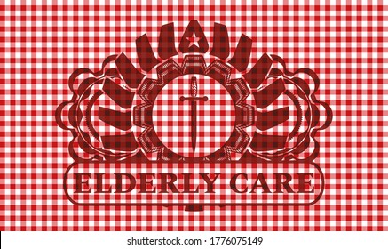 Icono de espadas y cuidado de personas de edad avanzada texto mantel rojo a cuadros con insignia realista. El restaurante es un excelente marco. Ilustración intensa. 