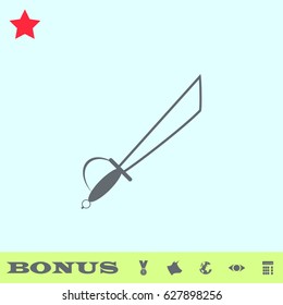 Sword icon flat. Grey pictogram on blue background. Vector illustration symbol and bonus buttons medal, cow, earth, eye, calculator