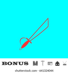 Sword icon flat. Red pictogram on blue background. Vector illustration symbol and bonus buttons Music center, corkscrew, credit card, house, drum