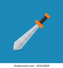 Sword icon in flat style isolated on blue background. Arms vector illustration