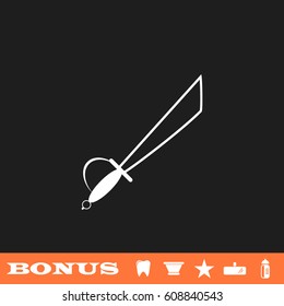 Sword icon flat. White pictogram on black background. Vector illustration symbol and bonus button tooth, vase, star, mirror, bottle
