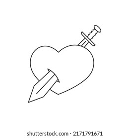 Sword icon in the heart. Vector drawing of a wounded heart.