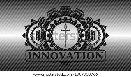 Sword icon and Innovation text carbon fiber dark emblem. Polymer texture delicate background. Vector illustration. 