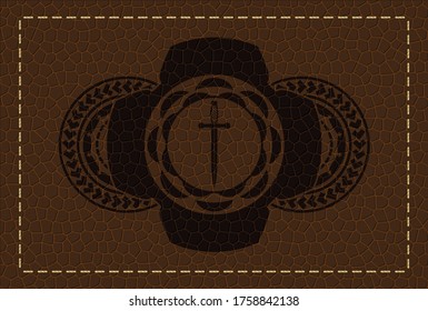 Icono de espada dentro de la insignia realista de cuero marrón. Cartera de fondo de moda. Ilustración intensa. 