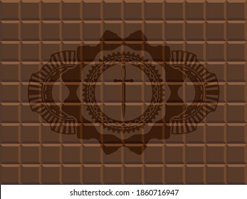 Icono de espadas dentro de un emblema realista de chocolate. Antecedentes marrones de moda. Ilustración. 