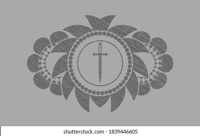 Icono de espada dentro del emblema de la carrera gris. Sólido fondo lujoso. Ilustración intensa. 