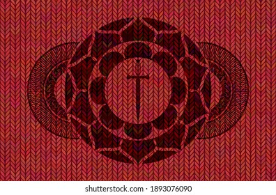 Sword icon inside Red color woolen fabric badge. Cloth classic background. Illustration. 
