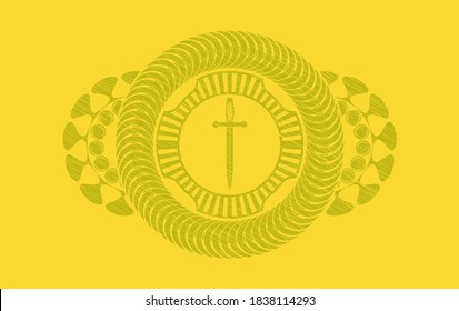 Sword icon inside Yellow stroke realistic badge. Lemon graceful background. Intense illustration. 