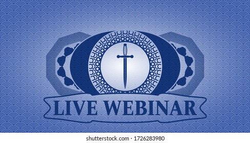 Sword icon and Live Webinar text blue japan pattern realistic badge. Geometric luxurious background. Artistic illustration. 