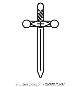 Sword icon. Medieval blade weapon. Vector knight symbol. Cross handle outline.