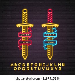 Sword Icon Neon Light Glowing Vector Illustration Vector with Alphabet Neon Bright