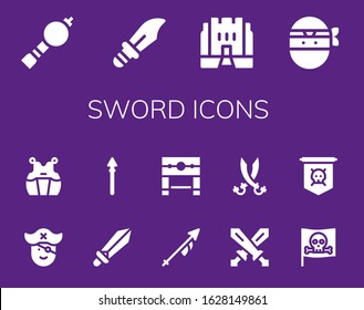 sword icon set. 14 filled sword icons.  Simple modern icons such as: Bladder pipe, Dagger, Medieval, Ninja, Pirate, Kendo, Sword, Spear, Lance, Pillory, Swords, Sabers, Jolly roger