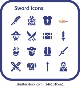 sword icon set. 16 filled sword icons.  Collection Of - Mace, Ninja, Armour, pan, Pirate, Saber, Treasure, Sword, Gauntlet, Swords, Spear