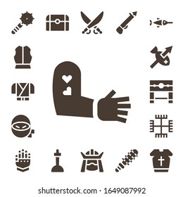 Symbol-Satz. 17 gefüllte Schwertsymbole.  Einfache, moderne Symbole wie: Waffen, Rüstung, Ninja, Tattoo, Spear, Pillory, Gnosticismus, Gauntlet, Treasure, Excalibur, Saber, Samurai, Mace