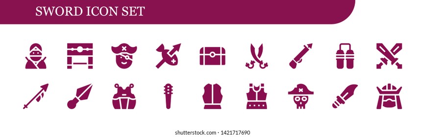 sword icon set. 18 filled sword icons.  Simple modern icons about  - Ninja, Pillory, Pirate, Spear, Treasure, Sabers, Nunchaku, Swords, Lance, Kunai, Kendo, Weapons, Armour, Dagger