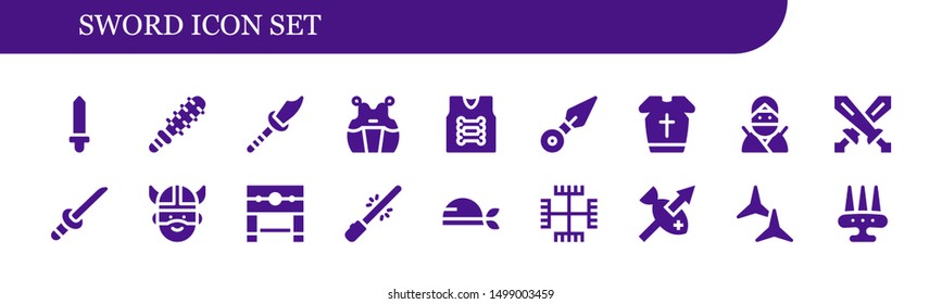 sword icon set. 18 filled sword icons.  Simple modern icons about  - Sword, Mace, Weapon, Kendo, Armor, Kunai, Armour, Ninja, Swords, Katana, Viking, Pillory, Saber, Pirate, Gnosticism