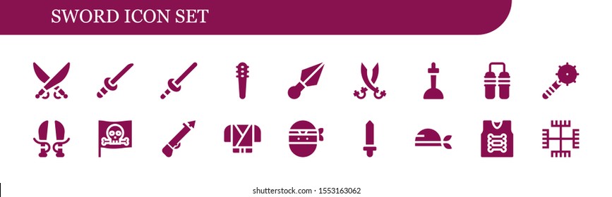 sword icon set. 18 filled sword icons.  Collection Of - Saber, Katana, Sword, Weapons, Kunai, Sabers, Excalibur, Nunchaku, Weapon, Pirate, Spear, Ninja, Armor, Gnosticism icons