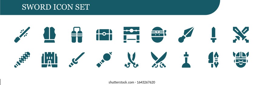 sword icon set. 18 filled sword icons.  Simple modern icons such as: Saber, Armour, Nunchaku, Treasure, Pillory, Ninja, Kunai, Sword, Swords, Mace, Medieval, Katana, Bladder pipe