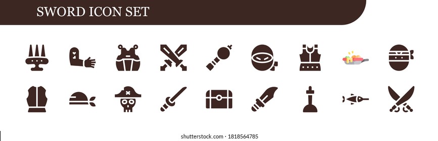 Sword Icon Set. 18 Filled Sword Icons. Included Weapon, Tattoo, Kendo, Swords, Bladder Pipe, Ninja, Armour, Pan, Pirate, Katana, Treasure, Dagger, Excalibur, Swordfish, Saber Icons