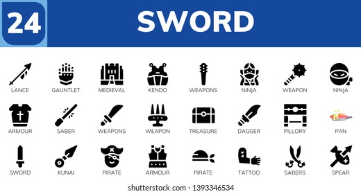 sword icon set. 24 filled sword icons.  Simple modern icons about  - Lance, Gauntlet, Medieval, Kendo, Weapons, Ninja, Weapon, Armour, Saber, Treasure, Dagger, Pillory, pan, Sword