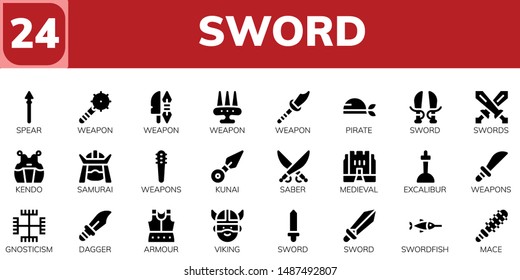 sword icon set. 24 filled sword icons.  Simple modern icons about  - Spear, Weapon, Pirate, Sword, Swords, Kendo, Samurai, Weapons, Kunai, Saber, Medieval, Excalibur, Gnosticism