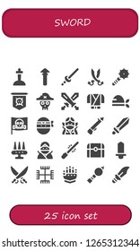  sword icon set. 25 filled sword icons. Simple modern icons about  - Excalibur, Spear, Sword, Sabers, Weapon, Jolly roger, Pirate, Swords, Ninja, Saber, Treasure, Gnosticism, Gauntlet