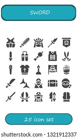 sword icon set. 25 filled sword icons.  Simple modern icons about  - Kendo, Mace, Samurai, Weapon, Jolly roger, Sword, Nunchaku, Bladder pipe, Armor, Sabers, Weapons, Armour, Excalibur