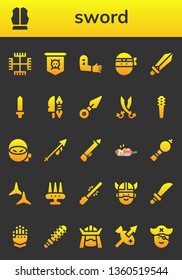 sword icon set. 26 filled sword icons.  Collection Of - Gnosticism, Armour, Jolly roger, Tattoo, Ninja, Sword, Weapon, Kunai, Sabers, Weapons, Lance, Spear, pan, Bladder pipe