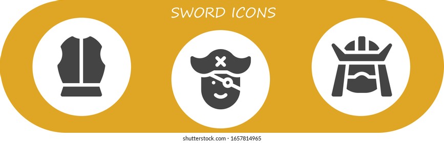 Symbol-Satz. 3 gefüllte Schwertsymbole.  Einfache, moderne Symbole wie: Armor, Pirate, Samurai
