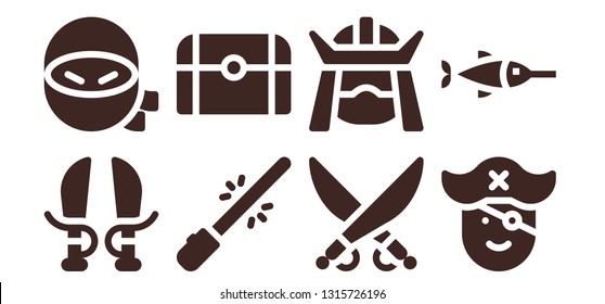 sword icon set. 8 filled sword icons.  Collection Of - Sword, Ninja, Saber, Treasure, Samurai, Pirate, Swordfish