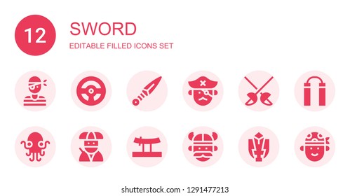 sword icon set. Collection of 12 filled sword icons included Pirate, Racing game, Kunai, Fencing, Kraken, Ninja, Katana, Viking, Fighting game, Nunchaku