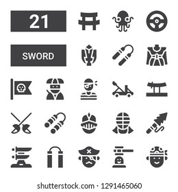 sword icon set. Collection of 21 filled sword icons included Pirate, Hammer game, Nunchaku, Katana, Harpoon, Kendo, Knight, Fencing, Catapult, Ninja, Pirate flag, Traditional