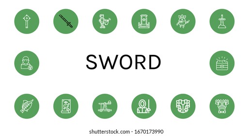 conjunto de iconos de espada. Colección de iconos de Mace, Katana, Medieval, Throne, Pirate, Sword, Marlin, Tattoo, Catapult, Fencer, Armor, Armor, Armor, Treasure