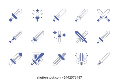 Sword icon set. Duotone style line stroke and bold. Vector illustration. Containing shield, knife, sword, medieval, swords.
