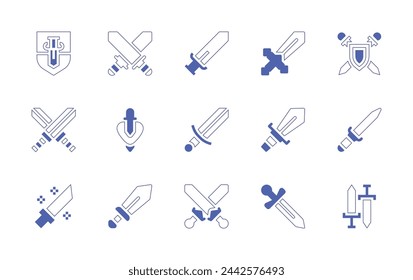 Sword icon set. Duotone style line stroke and bold. Vector illustration. Containing sword, swords, shield, heart.