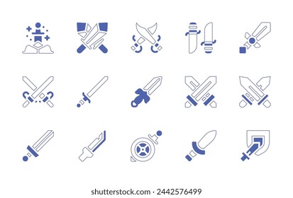 Conjunto de iconos de espada. Trazo de línea de estilo duotono y negrita. Ilustración vectorial. Conteniendo armas, espadas, espadas.