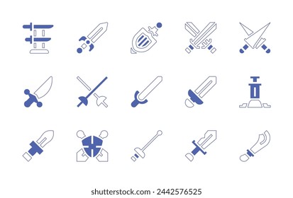 Sword icon set. Duotone style line stroke and bold. Vector illustration. Containing shield, fencing, sword, swords.