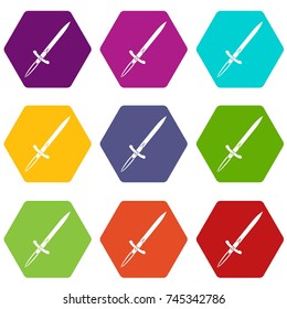 Sword icon set many color hexahedron isolated on white vector illustration
