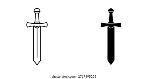Conjunto de iconos de espada con contorno y símbolos de espada negra rellenos, aislados en