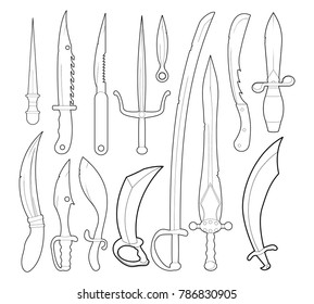 Sword icon set. Outline set of sword vector icons for web design isolated on white background