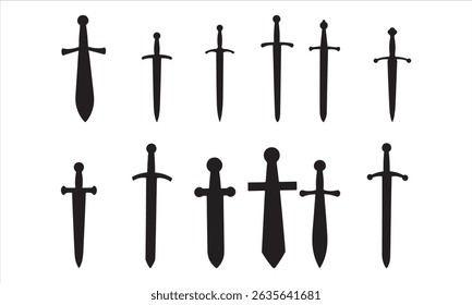  Schwertsymbol setzt Silhouettenvektor auf weißem Hintergrund.