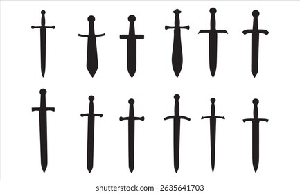  Vector de la silueta del conjunto del icono de la espada en el fondo blanco.
