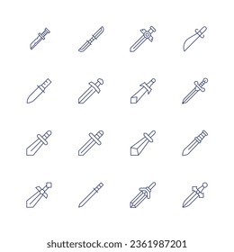 Symbol-Satz Schwert. Dünne Linie Symbol. Bearbeitbarer Strich. Klingen mit Doppelschneidern, Schwert, Messer, Schwert.