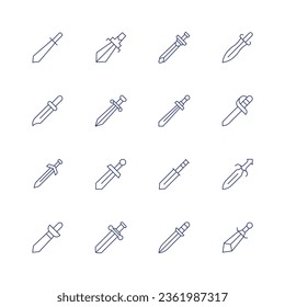 Sword icon set. Thin line icon. Editable stroke. Containing battle, defense, knife, sword.