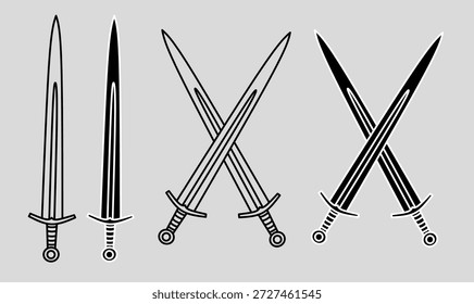 ícone de espada set.single lâmina e espadas cruzadas.for logotipo, jogo, emblema e heráldica. ilustração vetorial em linha arte, contorno, silhueta isolado fundo cinza.