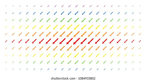 Sword icon spectral halftone pattern. Vector sword symbols are arranged into halftone array with vertical spectrum gradient. Constructed for backgrounds, covers,