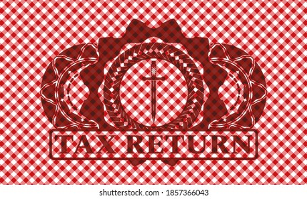 Icono de espada y emblema realista del mantel rojo de devolución de impuestos. Restaurante de lujo. Ilustración artística. 