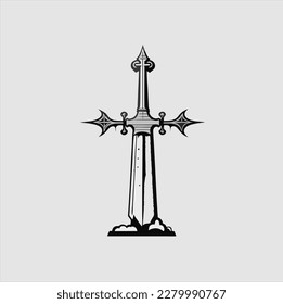 Sword icon. White background sword silhouette. Vector illustration.