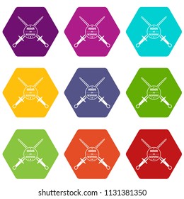 Sword icons 9 set coloful isolated on white for web